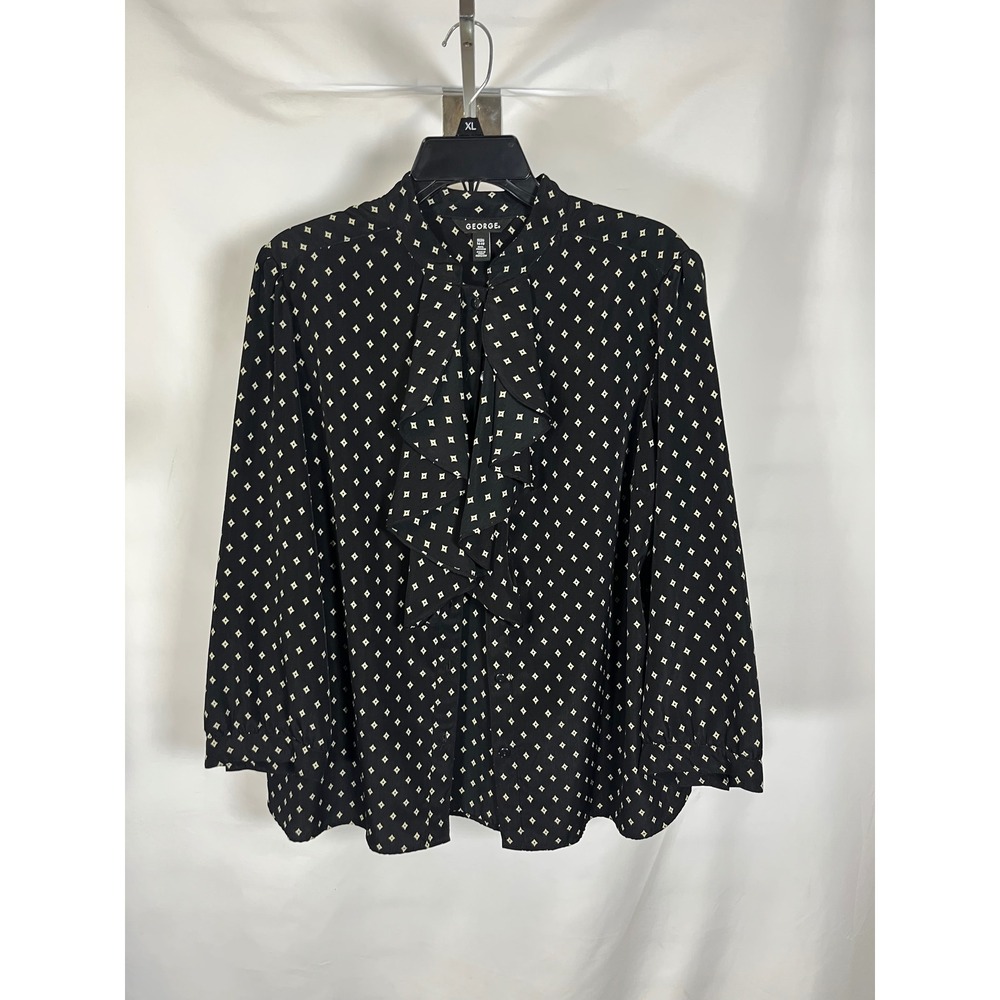 George Womens XL Black Cream Geometric Diamond Print Ruffle Front Blouse Top